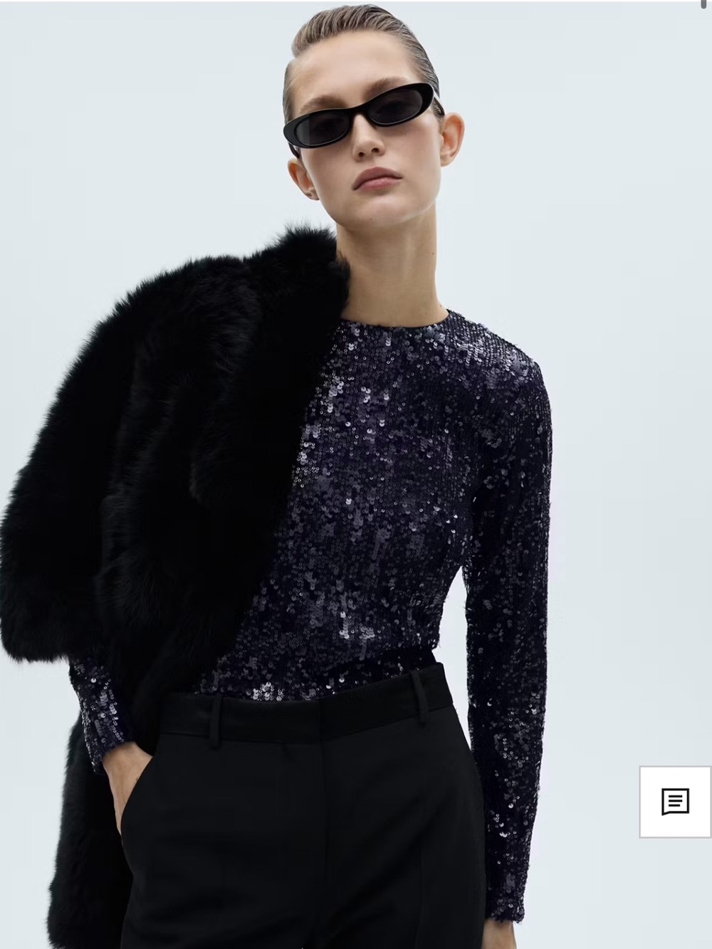 Mango Long-Sleeved Sequin Shirt Shoulder Pads in Dark Navy